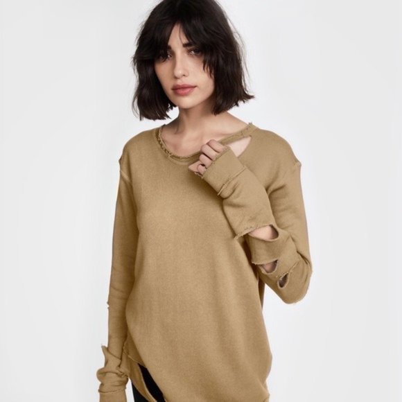 Distressed Camel Sweatshirt Womens XS Cut Out Ripped Pullover  ALALA Cypher USA - Picture 3 of 16